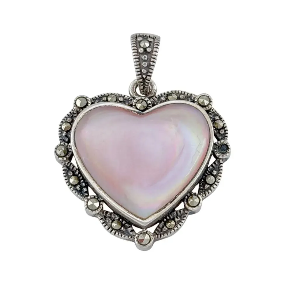 Vintage Sterling Silver 925 Mother of Pearl Marcasite Heart Pendant